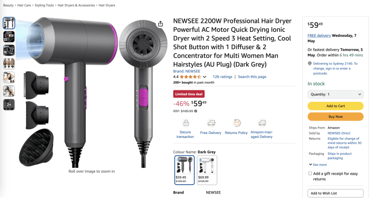 Amazon: NEWSEE 2200W Professional Hair Dryer – 46% off, now $59.49